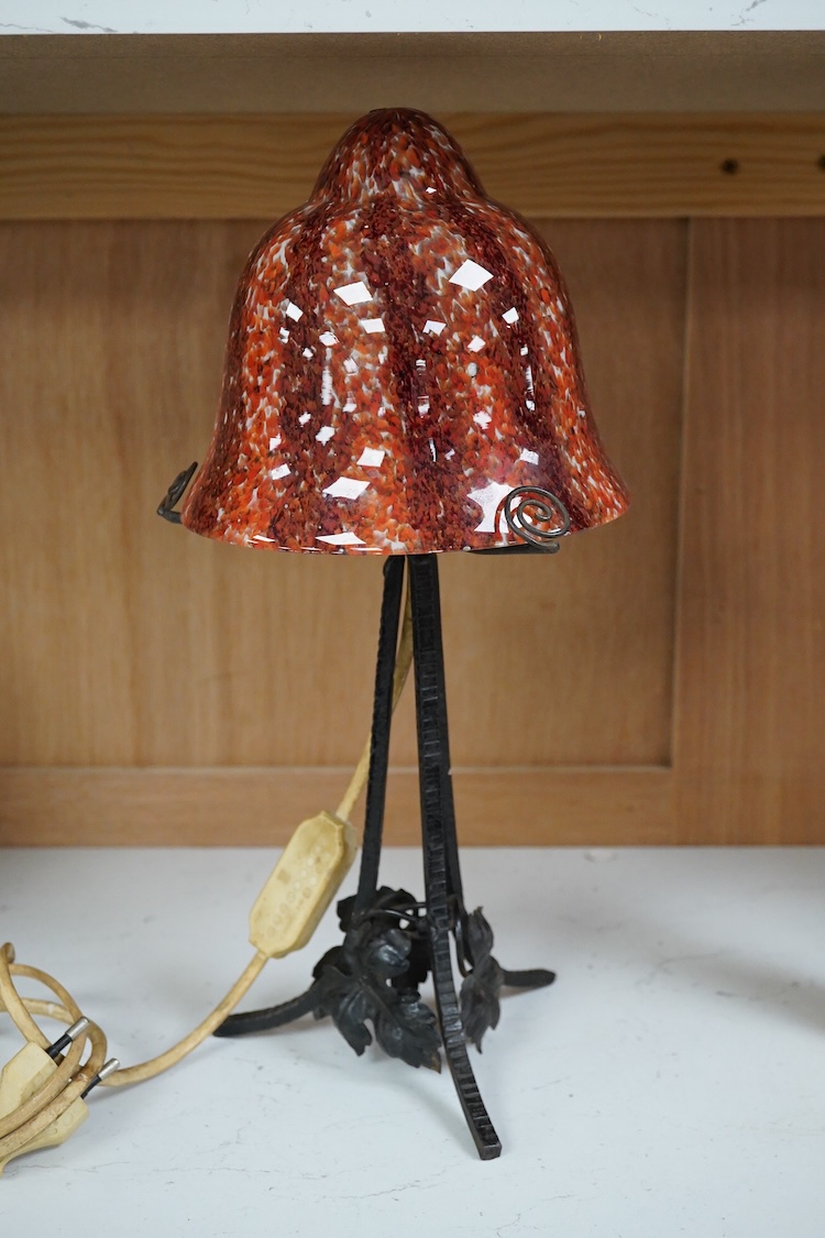 An Art Deco iron lamp with opaline glass shade, 33cm high